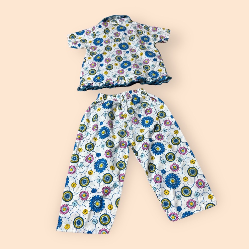 Vintage Baby/Toddler Blue Yellow Pink Flower Button Down Pants Set Retro - Picture 2 of 14